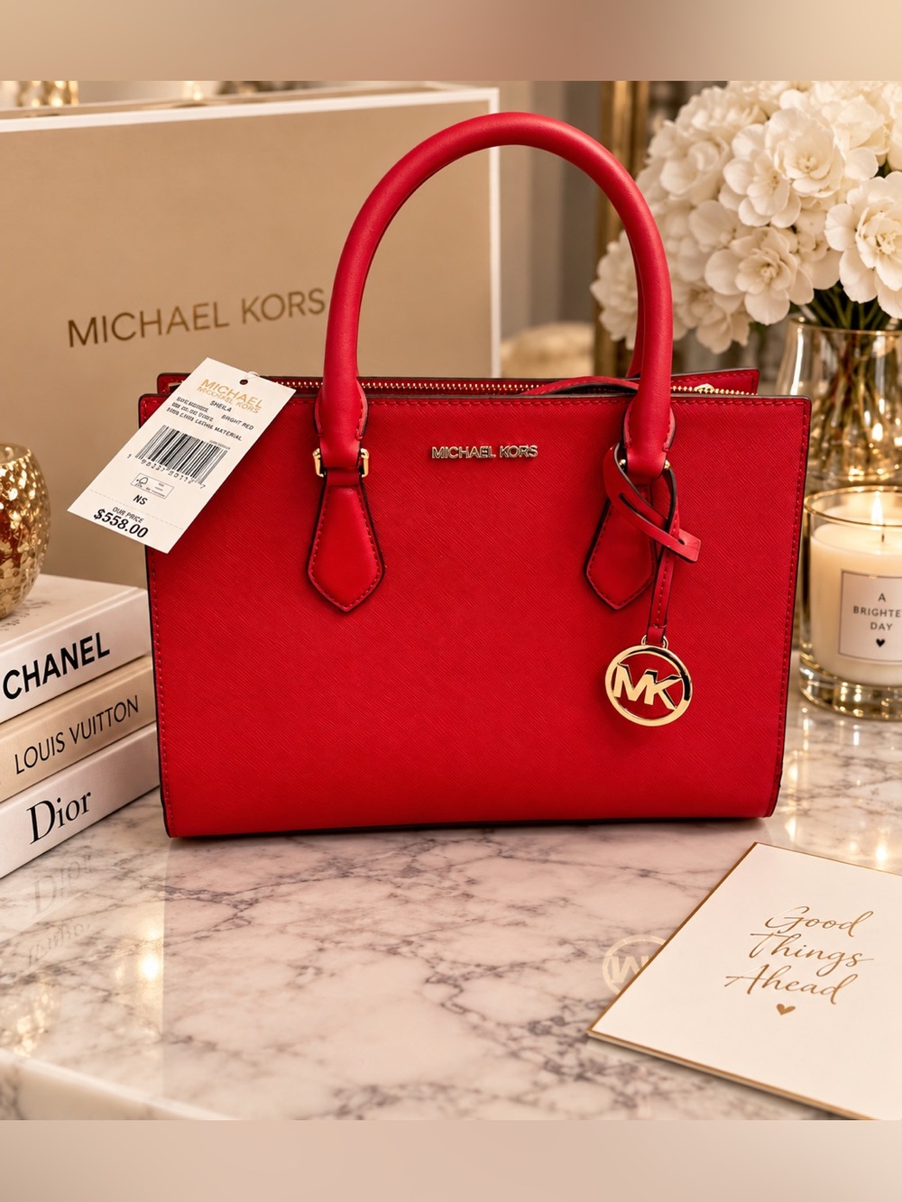 Michael Kors Red Saffiano Satchel with Gold Charm